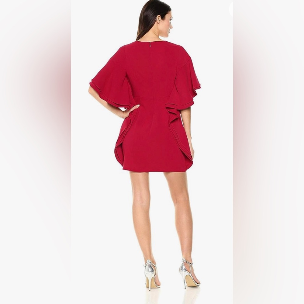 Halston Heritage Crepe Ruffled Draped Tiered-Sleeve Mini Shift Dress Red 6